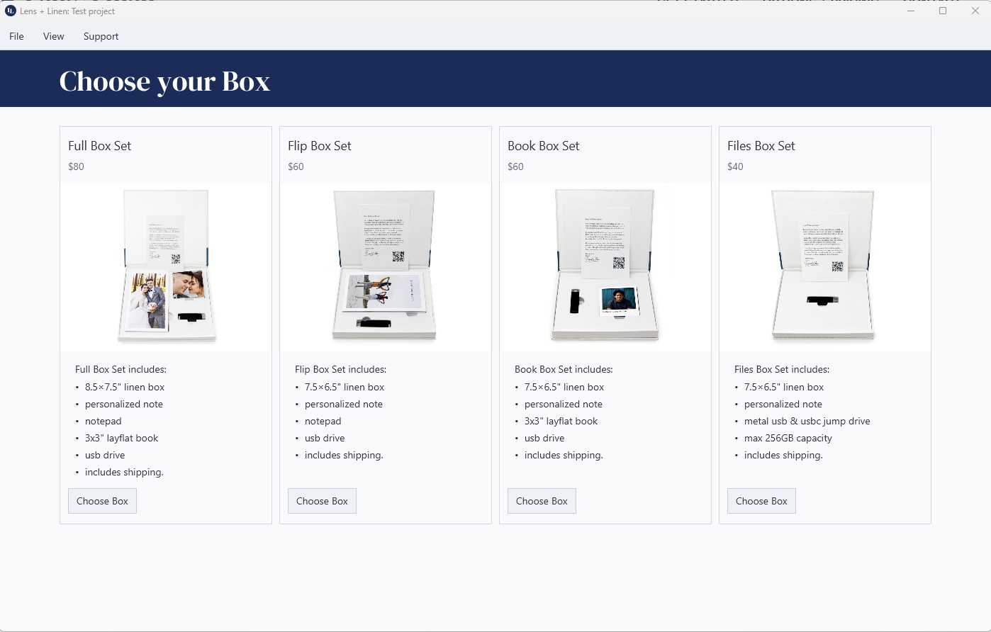 Lens + Linen desktop ordering app